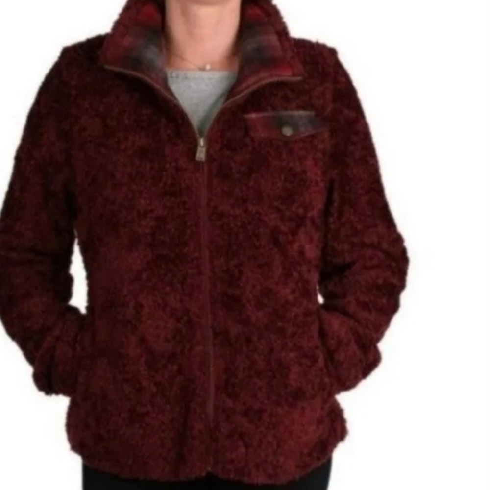 Pendleton Women Sherpa Teddy Fleece Jacket Medium Burgundy Plaid Full Zip Up